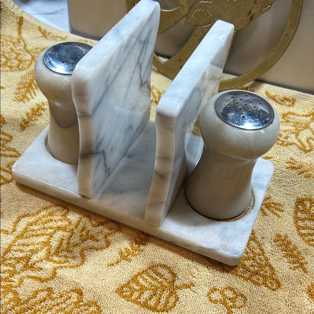 Vintage Marble Salt and Pepper Shaker Set with Napkin Holder